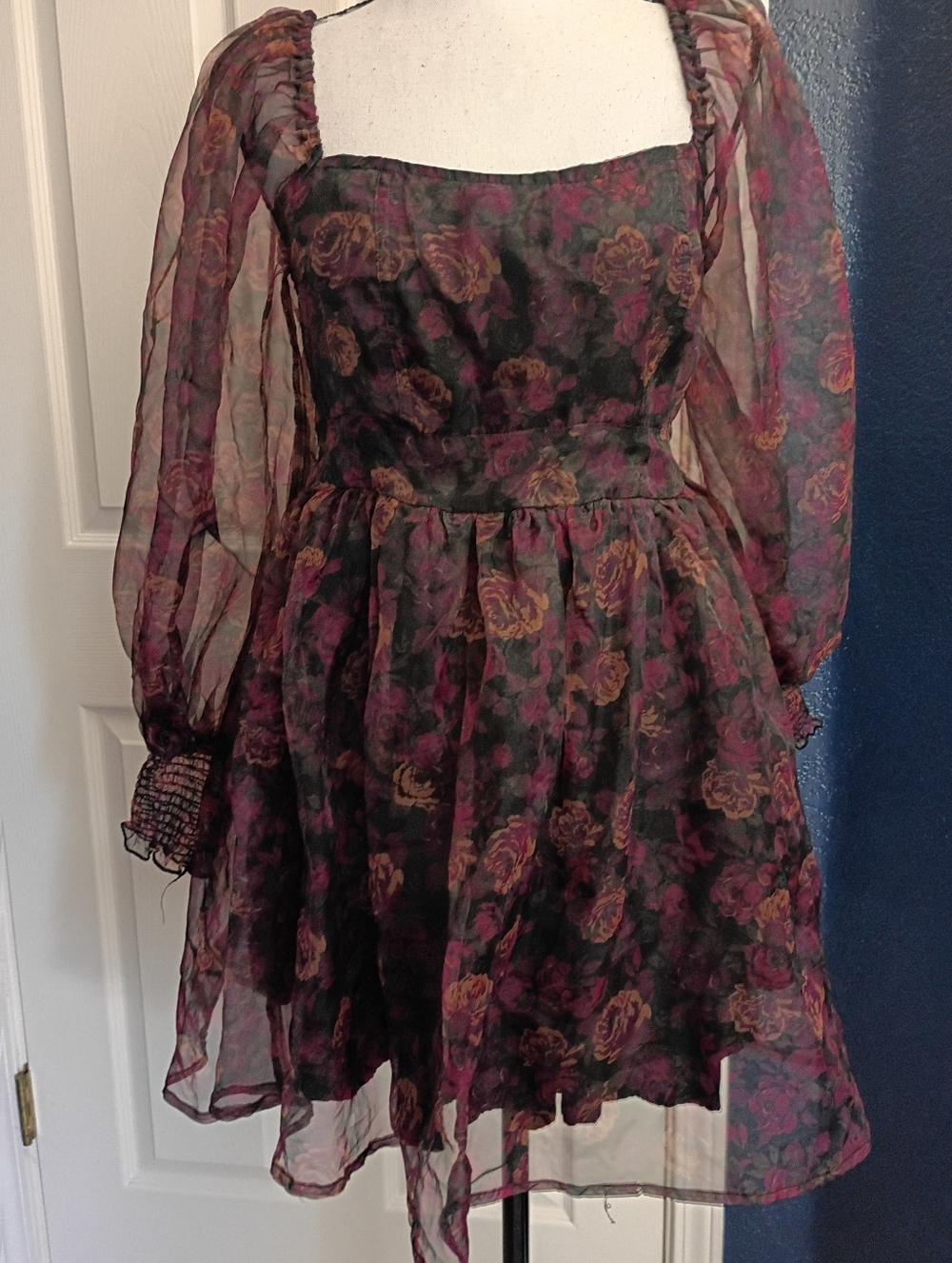 Sheer Floral Puff-Sleeve Mini Dress in Black and Plum